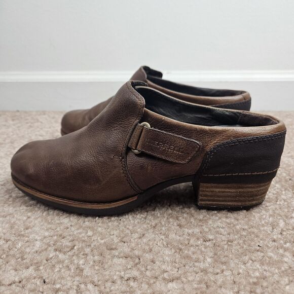 Merrell Oak Brown Leather Womens 7 Mule Clog Shoes Comfort Slip On Block Heel - Picture 5 of 15